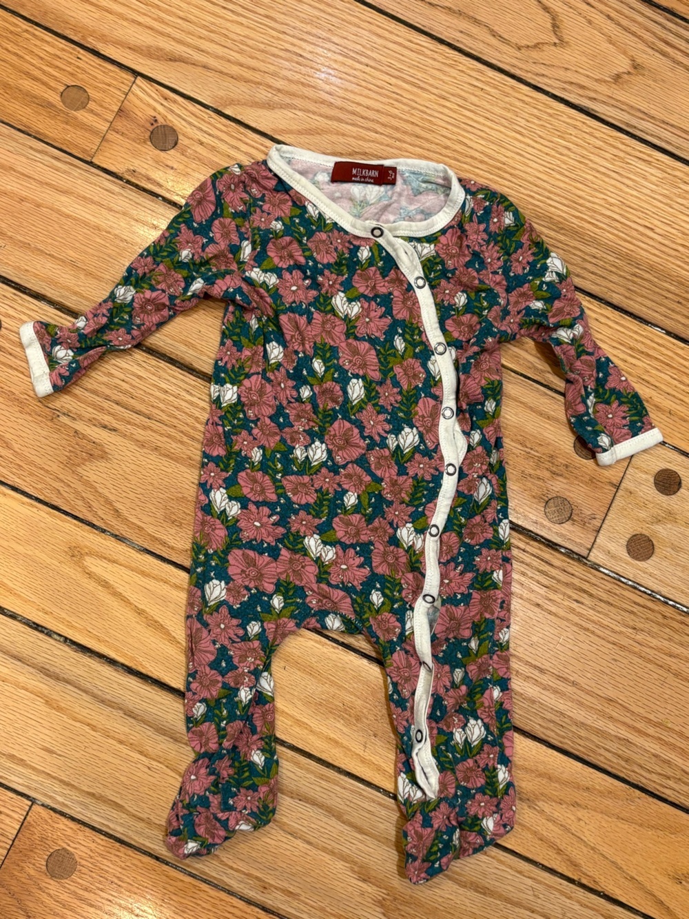 Milkbarn Bamboo Pink Floral Footed One-Piece with Cream Trim 3-6 months